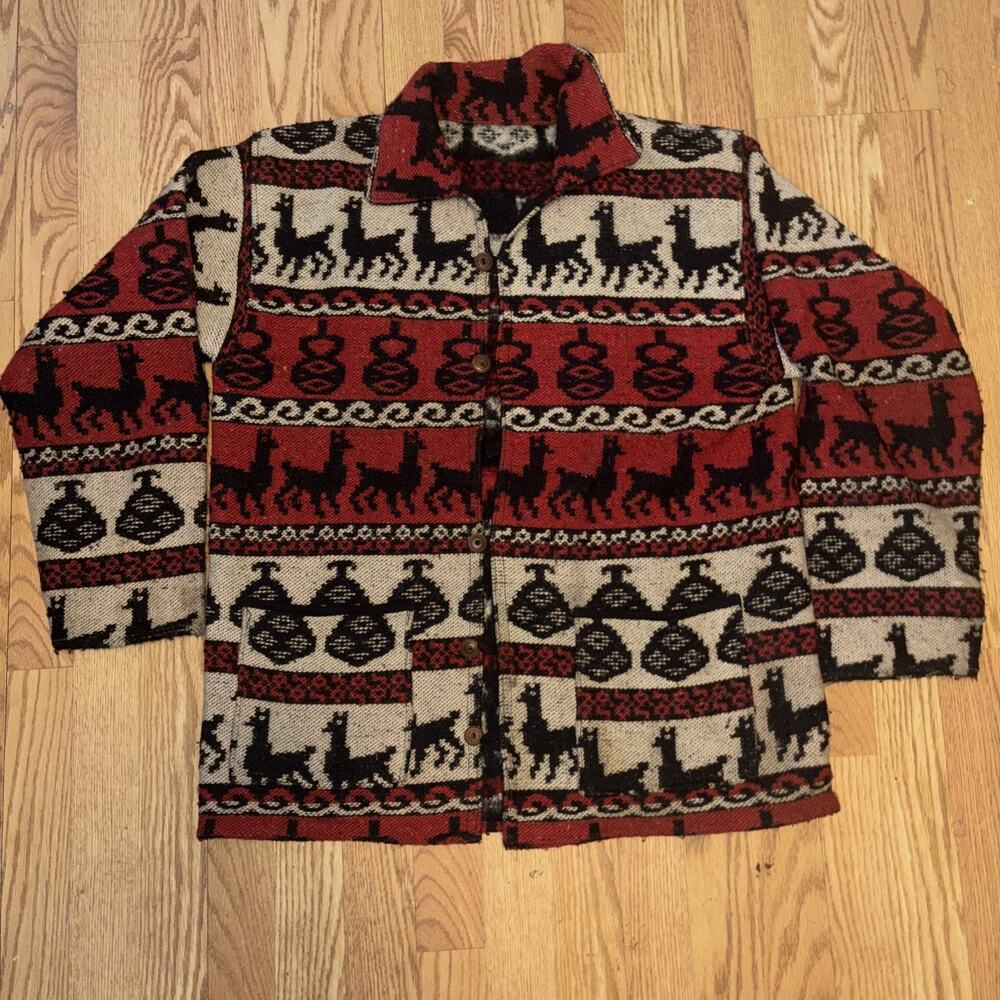 True Vintage Southwestern Wool Knit Sweater Jacket Large Button Front Folk Boho